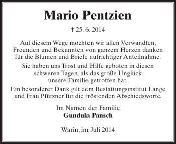 Traueranzeige von Mario Pentzien von Anzeiger für Sternberg - Brüel - Warin