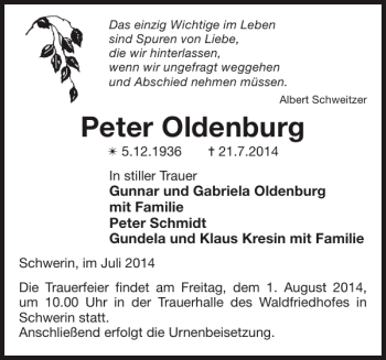 Traueranzeige von Peter Oldenburg von Zeitung für die Landeshauptstadt