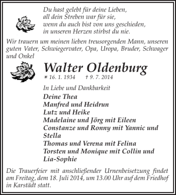 Traueranzeige von Walter Oldenburg von Der Prignitzer