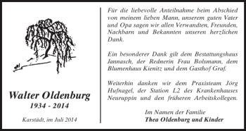 Traueranzeige von Walter Oldenburg von Der Prignitzer