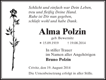 Traueranzeige von Alma Polzin von Zeitung für die Landeshauptstadt