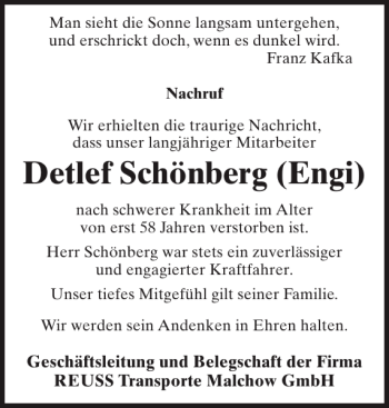 Traueranzeige von Detlef Schönberg Engi von Zeitung für Lübz - Goldberg - Plau