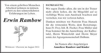 Traueranzeige von Erwin Rambow von Ludwigsluster Tageblatt