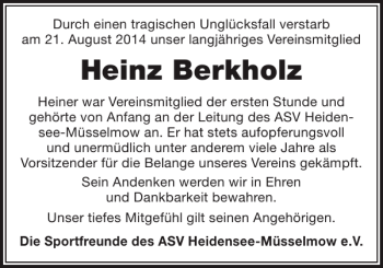 Traueranzeige von Heinz Berkholz von Anzeiger für Sternberg - Brüel - Warin