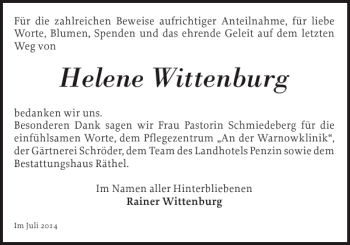 Traueranzeige von Helene Wittenburg von Bützower Zeitung