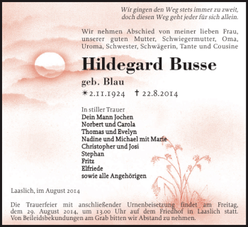 Traueranzeige von Hildegard Busse von Der Prignitzer