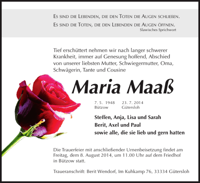  Traueranzeige für Maria Maaß vom 02.08.2014 aus Bützower Zeitung