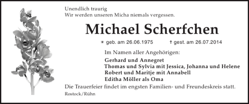  Traueranzeige für Michael Scherfchen vom 02.08.2014 aus Bützower Zeitung