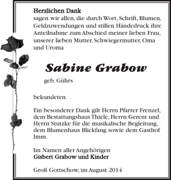 Traueranzeige von Sabine Grabow von Der Prignitzer