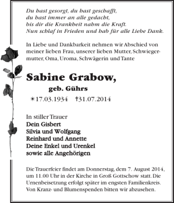 Traueranzeige von Sabine Grabow von Der Prignitzer