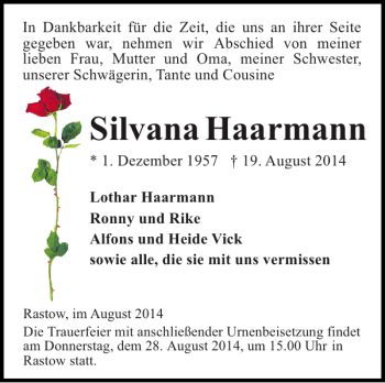 Traueranzeige von Silvana Haarmann von Hagenower Kreisblatt