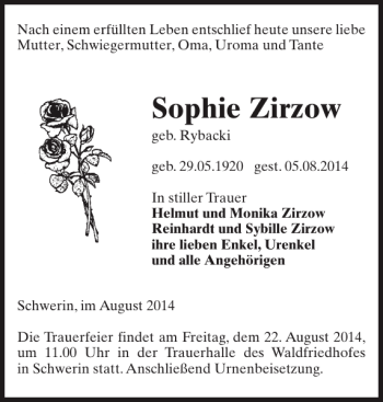 Traueranzeige von Sophie Zirzow von Zeitung für die Landeshauptstadt