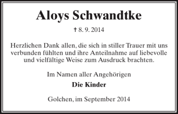 Traueranzeige von Aloys Schwandtke von Anzeiger für Sternberg - Brüel - Warin