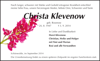 Traueranzeige von Christa Klevenow von Güstrower Anzeiger