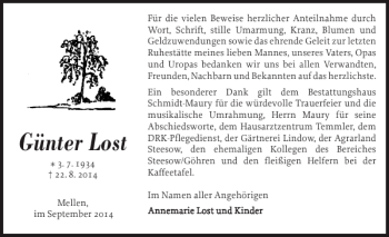 Traueranzeige von Günter Lost von Ludwigsluster Tageblatt