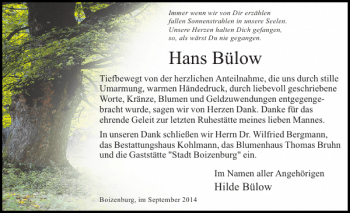 Traueranzeige von Hans Bülow von Hagenower Kreisblatt