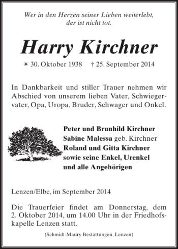 Traueranzeige von Harry Kirchner von Der Prignitzer