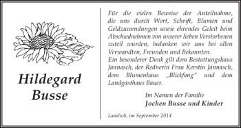 Traueranzeige von Hildegard Busse von Der Prignitzer