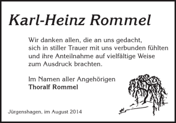 Traueranzeige von Karl-Heinz Rommel von Bützower Zeitung