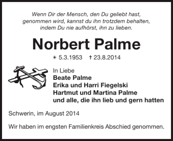 Traueranzeige von Norbert Palme von Zeitung für die Landeshauptstadt