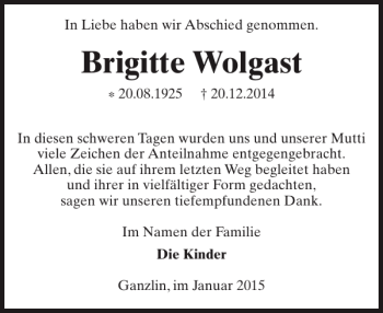 Traueranzeige von Brigitte Wolgast von Zeitung für Lübz - Goldberg - Plau