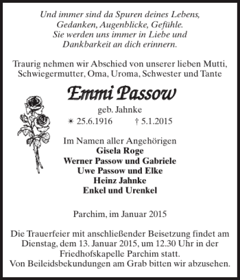 Traueranzeige von Emmi Passow von Parchimer Zeitung