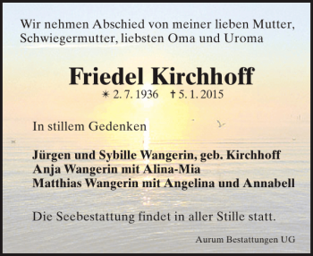 Traueranzeige von Friedel Kirchhoff von Güstrower Anzeiger