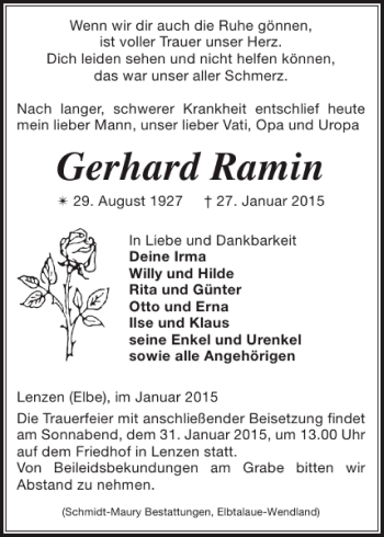 Traueranzeige von Gerhard Ramin von Ludwigsluster Tageblatt