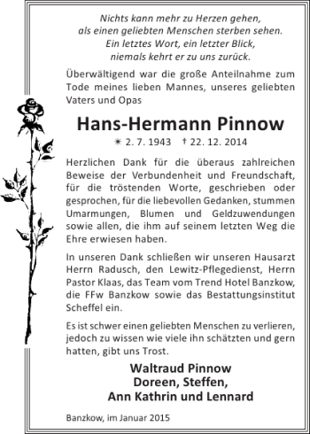 Traueranzeige von Hans-Hermann Pinnow von Zeitung für die Landeshauptstadt