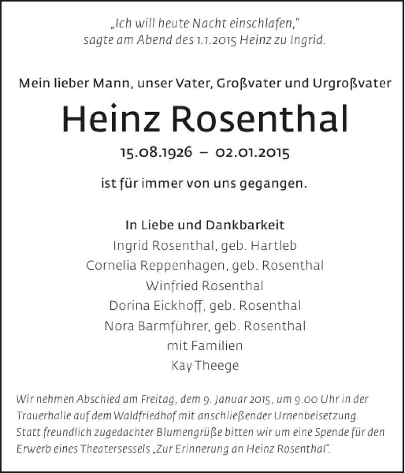  Traueranzeige für Heinz Rosenthal vom 06.01.2015 aus Zeitung für die Landeshauptstadt