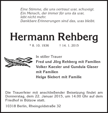 Traueranzeige von Hermann Rehberg von Bützower Zeitung