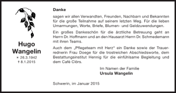 Traueranzeige von Hugo Wangelin von Zeitung für die Landeshauptstadt