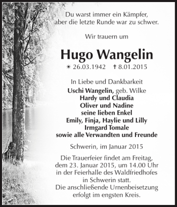 Traueranzeige von Hugo Wangelin von Zeitung für die Landeshauptstadt