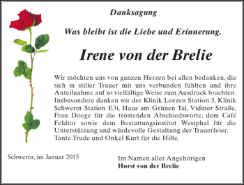 Traueranzeige von Irene von der Brelie von Zeitung für die Landeshauptstadt