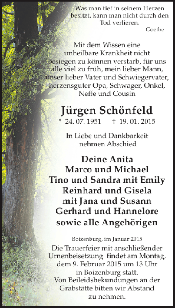  Traueranzeige für Jürgen Schönfeld vom 31.01.2015 aus Hagenower Kreisblatt