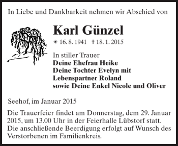 Traueranzeige von Karl Günzel von Zeitung für die Landeshauptstadt