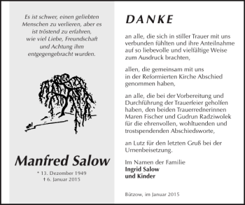 Traueranzeige von Manfred Salow von Bützower Zeitung