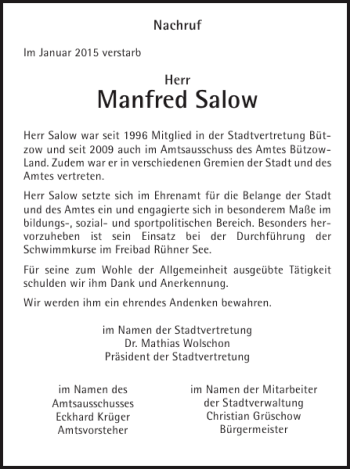 Traueranzeige von Manfred Salow von Bützower Zeitung