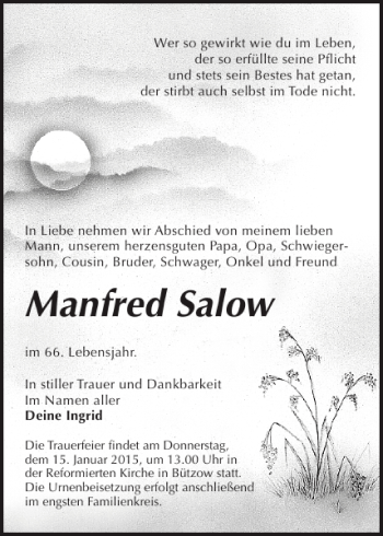 Traueranzeige von Manfred Salow von Bützower Zeitung