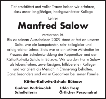 Traueranzeige von Manfred Salow von Bützower Zeitung