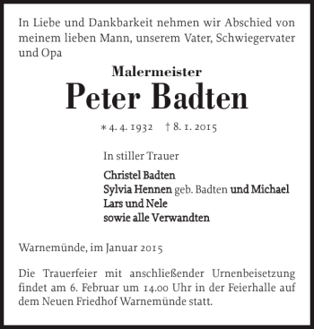 Traueranzeige von Peter Badten von Norddeutsche Neueste Nachrichten