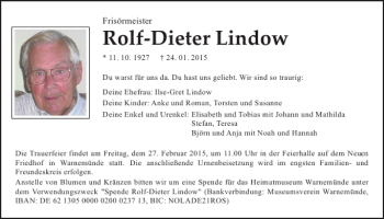 Traueranzeige von Rolf-Dieter Lindow von Norddeutsche Neueste Nachrichten