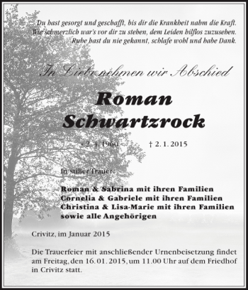 Traueranzeige von Roman Schwartzrock von Zeitung für die Landeshauptstadt