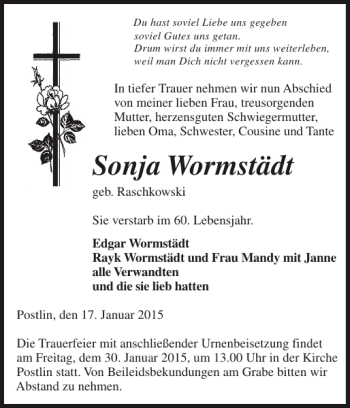 Traueranzeige von Sonja Wormstädt von Der Prignitzer