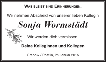 Traueranzeige von Sonja Wormstädt von Der Prignitzer