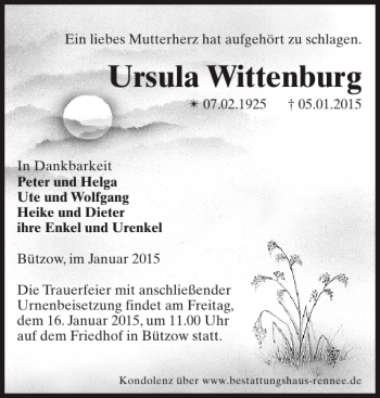 Traueranzeige von Ursula Wittenburg von Bützower Zeitung