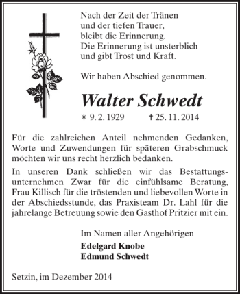 Traueranzeige von Walter Schwedt von Hagenower Kreisblatt