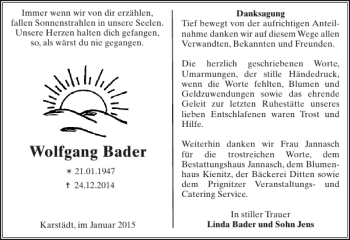 Traueranzeige von Wolfgang Bader von Der Prignitzer