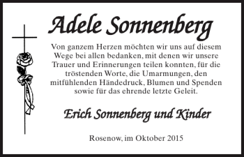 Traueranzeige von Adele Sonnenberg von Bützower Zeitung