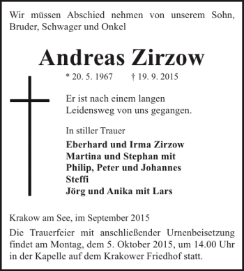 Traueranzeige von Andreas Zirzow von Güstrower Anzeiger